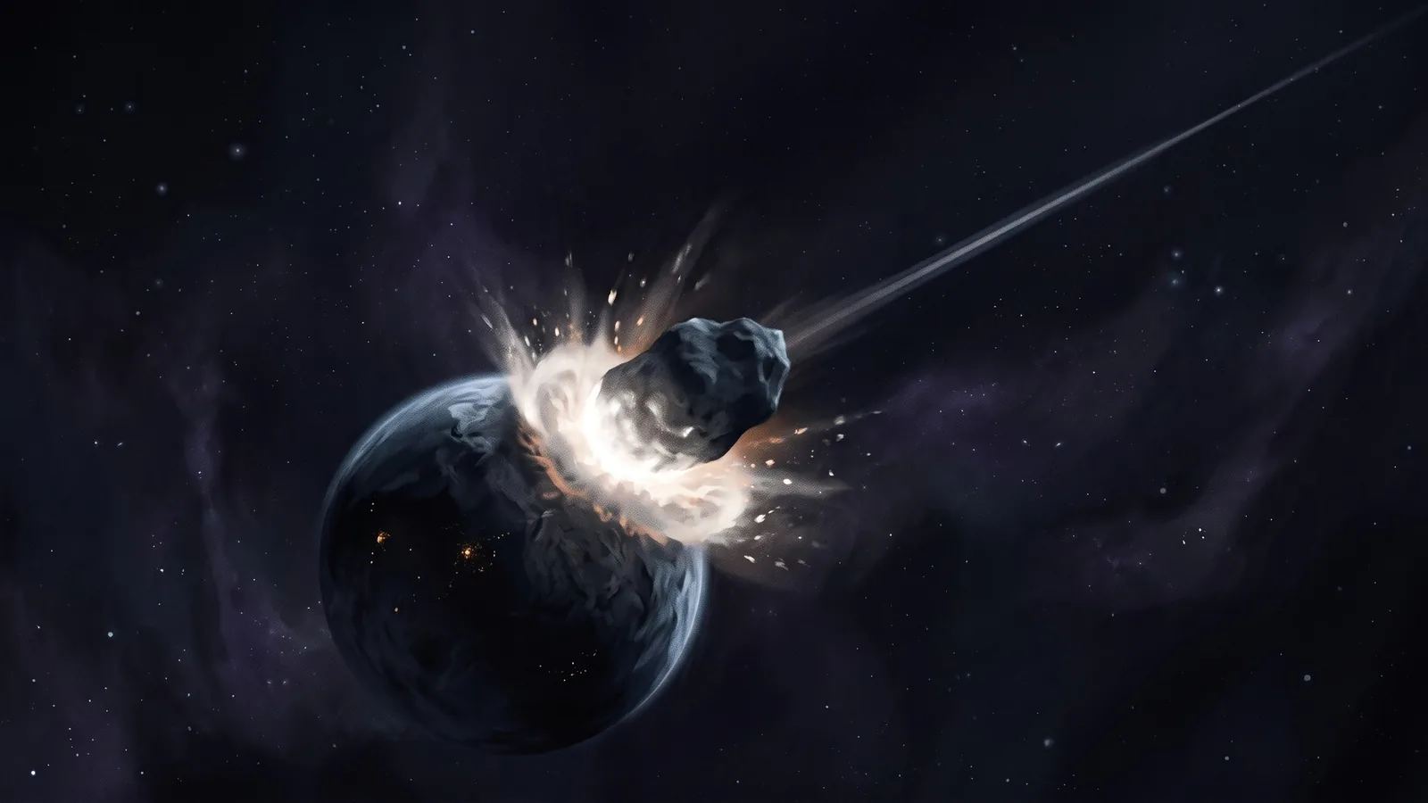 A rock thrown across space strikes a planet's night side; its launch line stretches back into the dark.