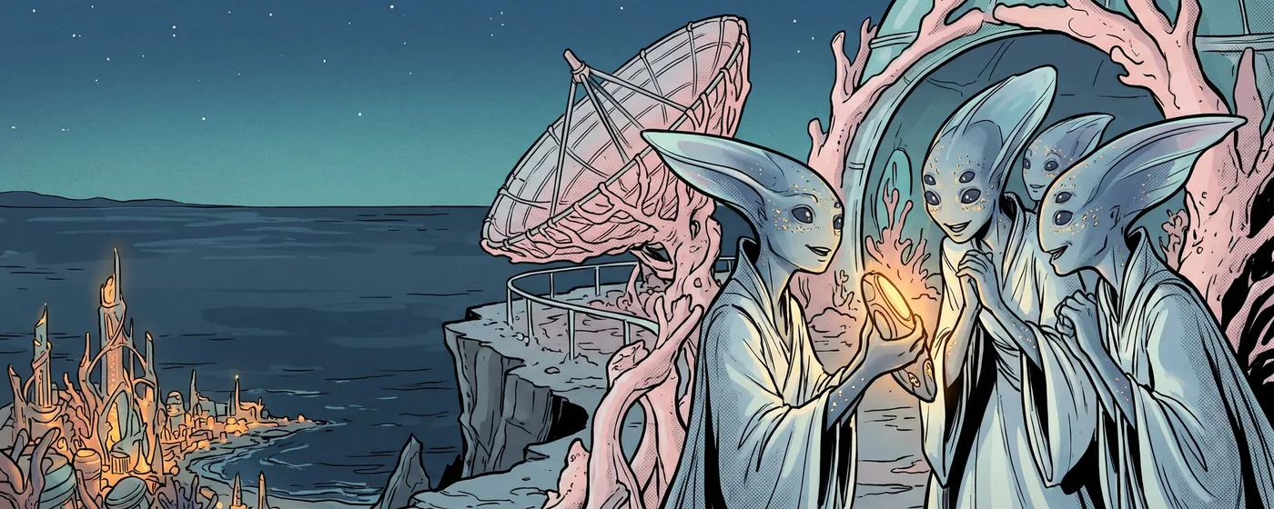 A comic panel: a coral observatory on an ocean world, turned toward the sky.