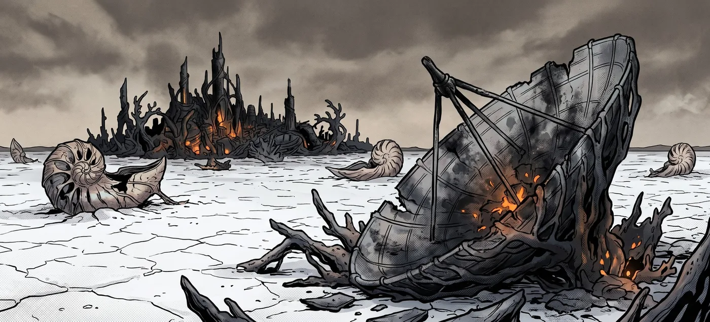 A comic panel: the ocean world's surface, dead and dry.