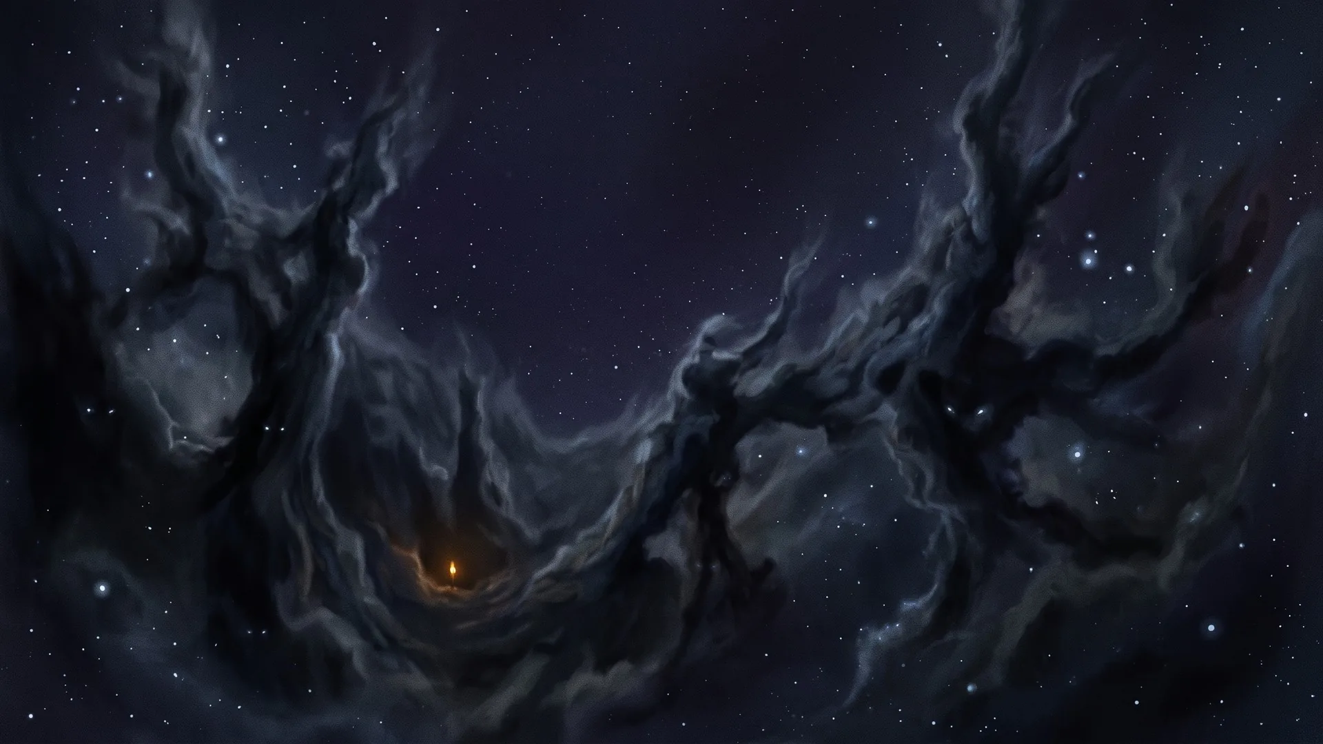 A dark nebula shaped like a forest, with one small amber light deep inside it.